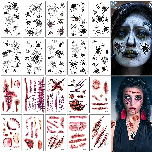 Oudizz Halloween Schminke Aufkleber 20 Stück - 10 Stück Wasserdichtes Mädchen Horror Tattoo Aufkleber und 10 Stück Temporäre Schwarz Spinnen Tattoos Leicht zu Löschen von Oudizz