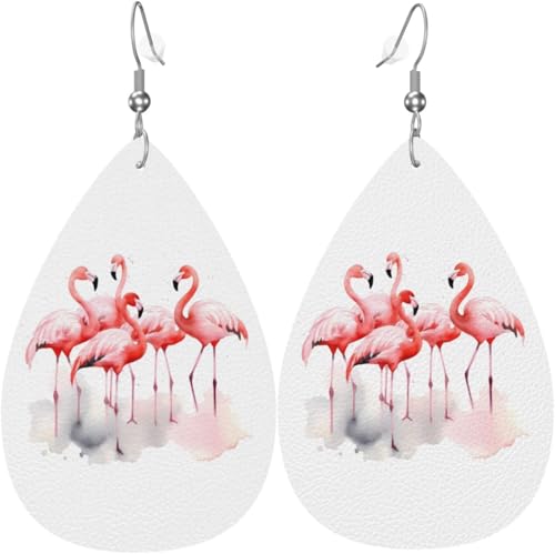 Aquarell Rosa Flamingos Weihnachten Grüne Blätter Leder Tropfen Ohrringe Für Frauen Urlaub Dekorationen von Oudrspo