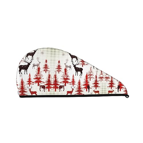 Bade-Duschhaube mit Kuh-Hirschbaum-Weihnachtsmotiv für Damen, Korallensamt-Kappe für trockenes Haar, saugfähige, schnell trocknende Handtücher von Oudrspo