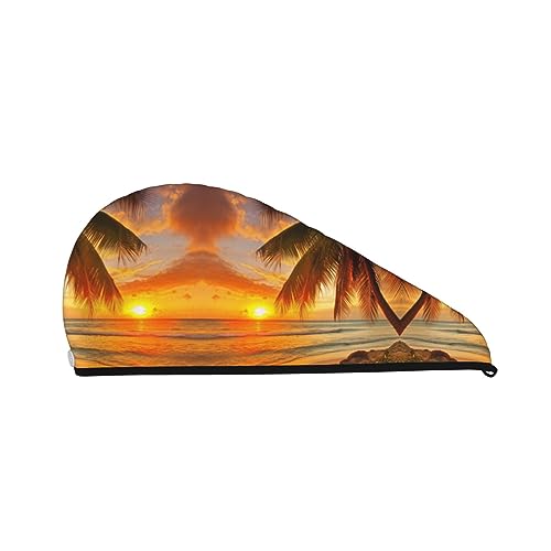 Bade-Duschhaube mit tropischem Strand-Palmen-Sonnenuntergang für Damen, Korallen-Samt-Kappe für trockenes Haar, saugfähige, schnell trocknende Handtücher von Oudrspo