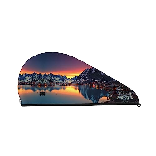 Bedrucktes Haartrocknungstuch mit Norwegen-Inseln, schnell trocknend, saugfähig, Korallensamt, Trockenhaarkappe mit festem Knopf zum Trocknen von langem, dickem Haar von Oudrspo