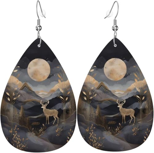 Berg Hirsch Szene Kürbis Ahorn Blatt Blume Leder Teardrop Ohrringe für Frauen Dekorationen von Oudrspo