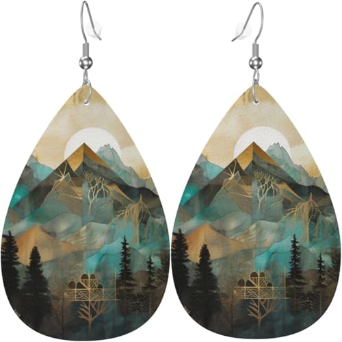 Berge Bäume Landschaft Sonnenaufgang Halloween Baum Leder Teardrop Ohrringe für Frauen von Oudrspo