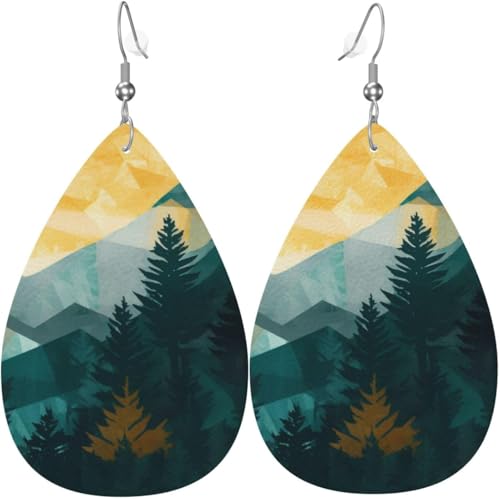 Berge Landschaft Sonnenaufgang Bunte Weihnachtsbaum Leder Teardrop Ohrringe für Frauen Dekorationen von Oudrspo