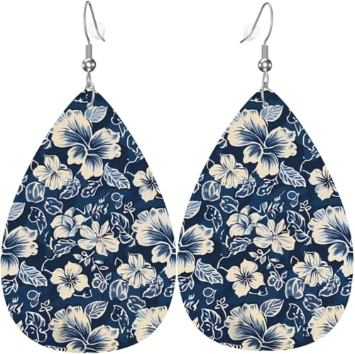 Blaue und weiße Blumen, Halloween-Kürbis mit Flaggen, Mond, Leder, Tropfenohrringe für Frauen von Oudrspo