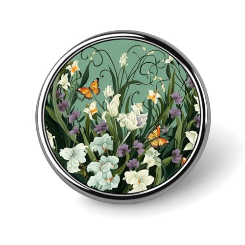 Blumen und Schmetterlinge auf grünem Hintergrund, runde Brosche, modische Revers-Krawattennadeln, leichte Metallbrosche für Männer und Frauen, Kostüm, dekoratives Accessoire Blumen und Schmetterlinge auf grünem Hintergrund, runde Brosche, modische Revers-Krawattennadeln, leichte Metallbrosche für Männer und Frauen, Kostüm, dekoratives Accessoire von Oudrspo