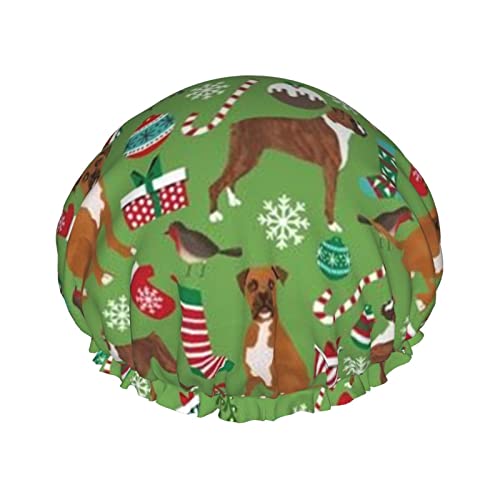 Boxer Dog Christmas Green Wasserdichte Duschhaube, elastische Bade-Haarkappe Umweltschutz-Haar-Badekappen, doppelte wasserdichte Schichten, die Duschhaube baden von Oudrspo