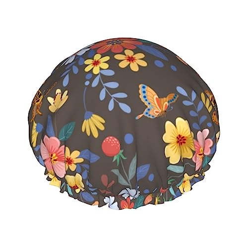 Bunte Blumen mit Schmetterlingsmuster, Duschhaube und Badekappe für Damen, wendbare, übergroße, wasserdichte Duschhauben, groß, für alle Haarlängen, elastische, wiederverwendbare Bade-Haarhaube von Oudrspo