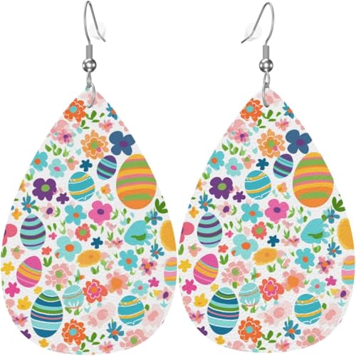 Bunte Ostereier Blumen Aquarell Weihnachtsblätter Leder Tropfenohrringe für Frauen Dekorationen von Oudrspo
