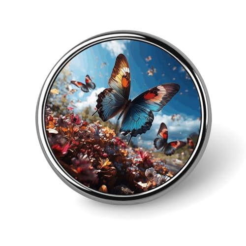 Bunte Schmetterlinge fliegen im Blau, runde Brosche, modische Revers-Krawattennadeln, leichte Metallbrosche für Männer und Frauen, Kostüm, dekoratives Accessoire Bunte Schmetterlinge fliegen im Blau, runde Brosche, modische Revers-Krawattennadeln, leichte Metallbrosche für Männer und Frauen, Kostüm, dekoratives Accessoire von Oudrspo