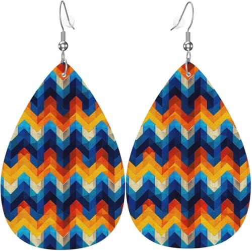 Bunter Halloween-Kürbis mit geometrischem Druck und Flaggen, Mond, Leder, Tropfenohrringe für Frauen von Oudrspo