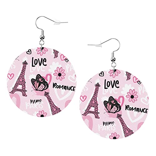 Cartoon-Eiffelturm2-Ohrringe, Pariser Eiffelturm, runde Form, Lederohrring, leicht, baumelnd, für Damen und Mädchen, Schmuck, perfekt für den Alltag von Oudrspo