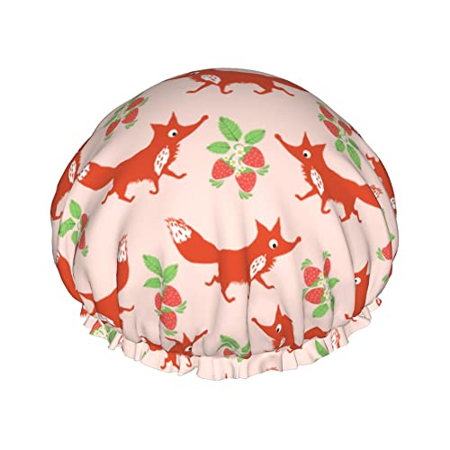 Cartoon süße Erdbeerfuchs Badekappen für Kinder Haarkappe Wiederverwendbare Duschkappen Weiche und elastische Duschhaarkappe für langes Haar Kurzes Haar lockiges Haar von Oudrspo