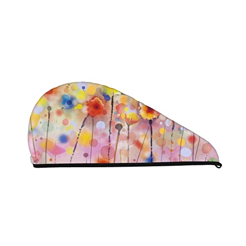Cifeprak Haarhandtuch mit Aquarell-Mohnblumen-Design, Haartrocknungstuch mit Knopf, Korallensamt-Haarhandtuch, Turban-Mütze für trockenes Haar, Bade- und Duschhaarkappe von Oudrspo
