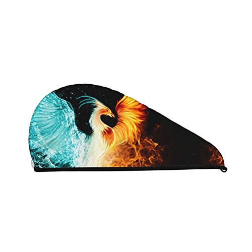 Cifeprak Haarhandtuch mit Phoenix-Wasser-Feuer-Muster, Haartrockentuch mit Knopf, Korallensamt-Haarhandtuch, Turban-Mütze für trockenes Haar, Bade- und Duschhaarkappe von Oudrspo