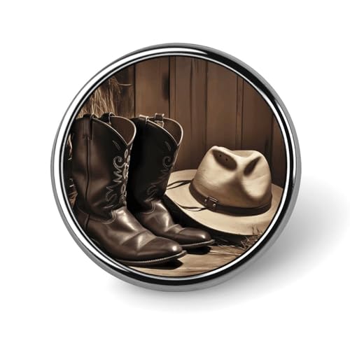 Cowboy-Brosche mit schwarzem Hut und Westernstiefeln, rund, modische Revers-Krawattennadeln, leichte Metallbrosche für Herren und Damen, Kostüm, dekoratives Accessoire Cowboy-Brosche mit schwarzem Hut und Westernstiefeln, rund, modische Revers-Krawattennadeln, leichte Metallbrosche für Herren und Damen, Kostüm, dekoratives Accessoire von Oudrspo