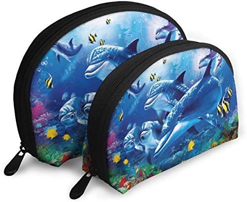 Damen Blue Sea World Coral Dolphin Reise-Kosmetiktaschen, wasserdicht, 2-teilig, Make-up-Clutch, Kosmetik- und Toilettenartikel-Organizer, tragbare Reise-Kulturtasche für Mädchen von Oudrspo