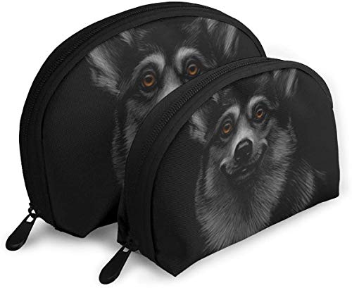 Damen-Porträt eines walisischen Corgi-Kopfes auf einem schwarzen Reise-Kosmetiktaschen, wasserdicht, 2-teilig, Make-up-Clutch, Kosmetik- und Toilettenartikel-Organizer, tragbare Reise-Kulturtasche f von Oudrspo