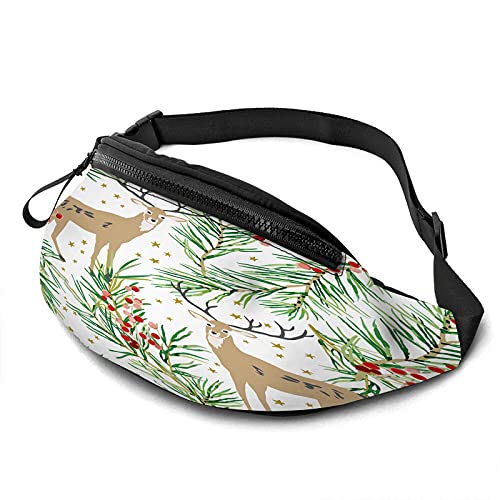 Deer Pine Twigs Red Berries Lässige Gürteltasche für Männer, Frauen, Weihnachten, Waldtiere, Sterne, Blatt, Blumen, langlebige Bauchtasche. Genießen Sie Sport, Wandern, Laufen, Radfahren im Freien von Oudrspo