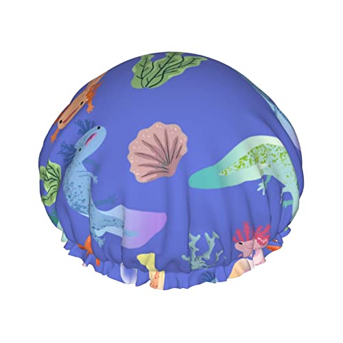 Duschhaube, Axolotl wiederverwendbare Bade-Duschhauben für Frauen mit langem Haar, doppellagiger wasserdichter Bade-Duschhut-Haarschutz für Kinder, Mädchen und Frauen, 1 Packung von Oudrspo