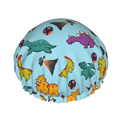 Duschhaube, Cartoon-Dinosaurier-Vulkan-Badekappen, wasserdichte Haarkappe, doppellagig, leicht, Duschhauben für Damen, Herren, Kinder, Teenager von Oudrspo