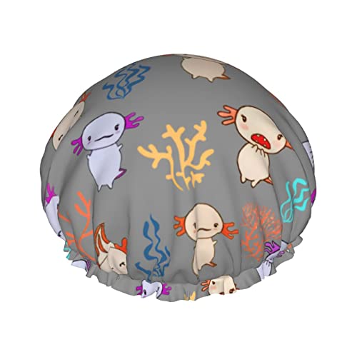 Duschhaube, lustiger Axolotl, wiederverwendbare Bade-Duschhauben für Frauen mit langem Haar, doppelschichtiger, wasserdichter Bade-Duschhut-Haarschutz für Kinder, Mädchen und Frauen, 1 Packung von Oudrspo