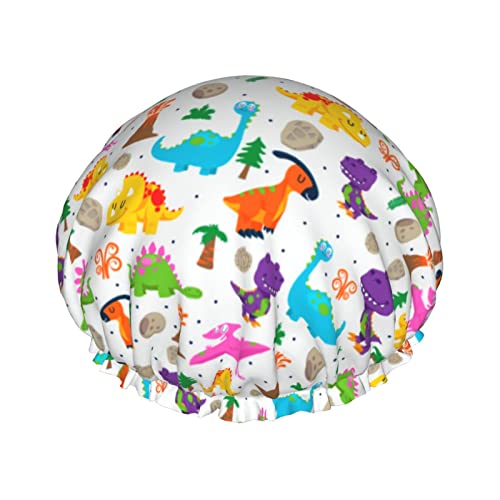 Duschhaube mit Cartoon-Dinosaurier-Motiv, 1er-Set, große Öffnung, dehnbare Badekappe mit elastischem Seil, wasserdicht, doppellagig, Bademütze, wiederverwendbar, für Damen, Herren und Kinder, doppel von Oudrspo