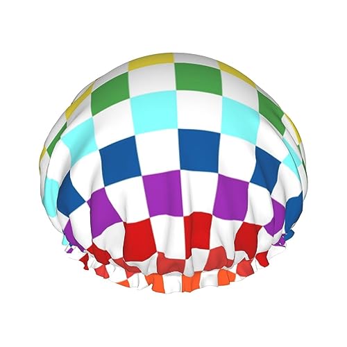 Duschhaube mit weißem Regenbogen-Rennen und karierter Flagge für Frauen, doppelte, wasserdichte Haarkappe, lustiger, wiederverwendbarer Badehut Duschhaube mit weißem Regenbogen-Rennen und karierter Flagge für Frauen, doppelte, wasserdichte Haarkappe, lustiger, wiederverwendbarer Badehut von Oudrspo