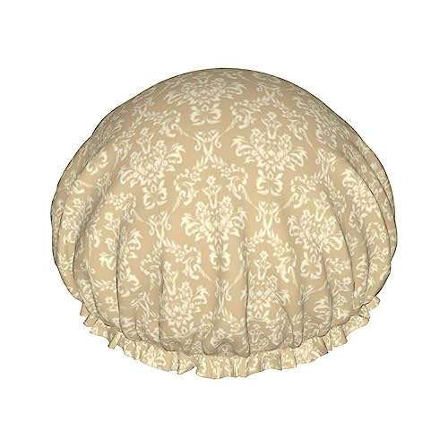 Duschhaube und Badehaube mit Damast-Beige-Braun-Braun-Muster für Damen, wendbare, übergroße, wasserdichte Duschhauben, groß, für alle Haarlängen, elastische, wiederverwendbare Bade-Haarhaube von Oudrspo