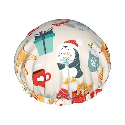 Duschhaube und Badehaube mit Weihnachts- und Neujahrsmuster für Damen, wendbare, übergroße, wasserdichte Duschhauben, groß, für alle Haarlängen, elastische, wiederverwendbare Bade-Haarhaube von Oudrspo
