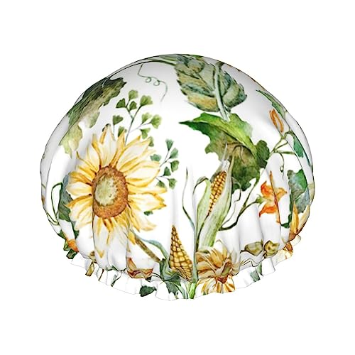 Duschhaube und Badekappe mit Aquarell- und hellem Sonnenblumenmuster für Damen, wendbare, übergroße, wasserdichte Duschhauben, groß, für alle Haarlängen, elastische, wiederverwendbare Bade-Haarkappe von Oudrspo