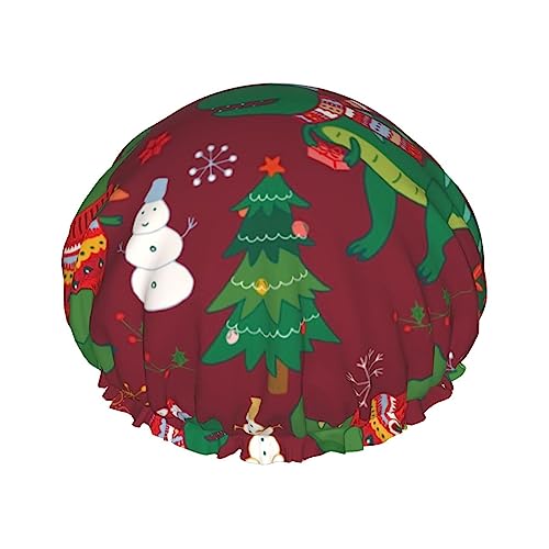 Duschhaube und Badekappe mit Dinosaurier-Weihnachts- und Neujahrsmuster für Damen, wendbare, übergroße, wasserdichte Duschhauben, groß, für alle Haarlängen geeignet, elastische, wiederverwendbare Ba von Oudrspo