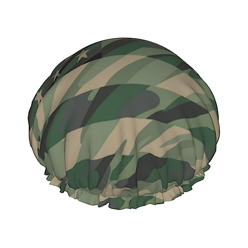 Duschhaube und Badekappe mit Dschungelgrün-Camo-Usa-Flagge-Muster für Damen, wendbare, übergroße, wasserdichte Duschhauben, groß, für alle Haarlängen, elastische, wiederverwendbare Bade-Haarkappe von Oudrspo