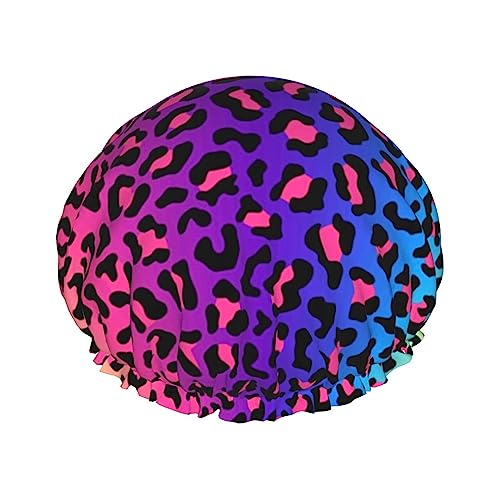 Duschhaube und Badekappe mit Leoparden-Neon-Regenbogen-Farbverlauf für Damen, wendbar, übergroß, wasserdicht, groß, für alle Haarlängen, elastische, wiederverwendbare Bade-Haarkappe von Oudrspo