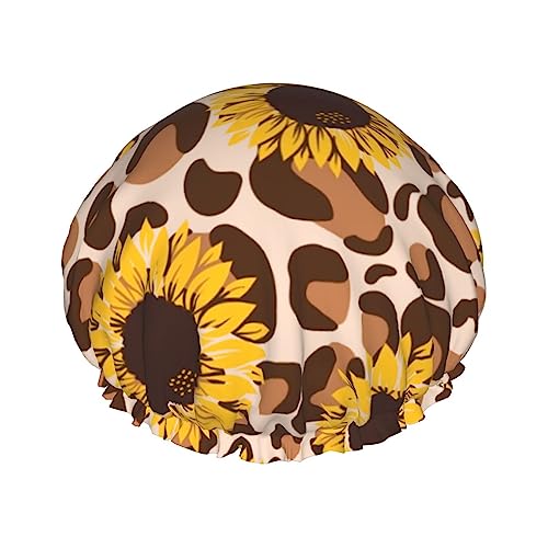 Duschhaube und Badekappe mit Leoparden- und Sonnenblumenmuster für Damen, wendbare, übergroße, wasserdichte Duschhauben, groß, für alle Haarlängen, elastische, wiederverwendbare Bade-Haarkappe von Oudrspo