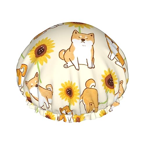 Duschhaube und Badekappe mit Shiba Inu-Hund und Sonnenblumen-Muster für Damen, wendbar, übergroß, wasserdicht, groß, für alle Haarlängen, elastische, wiederverwendbare Bade-Haarkappe von Oudrspo