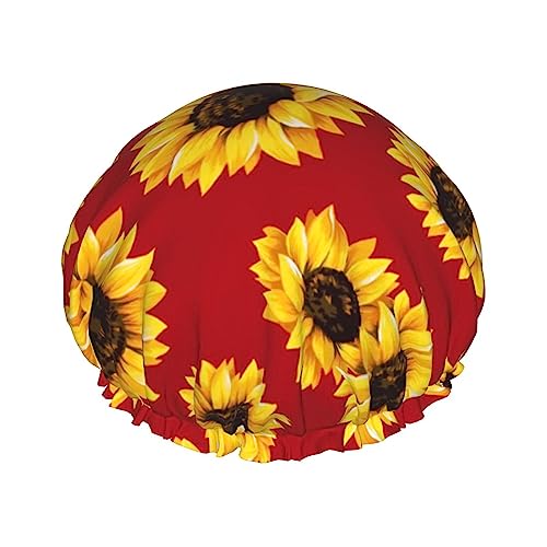 Duschhaube und Badekappe mit Sonnenblumen auf rotem Muster für Damen, wendbare, übergroße, wasserdichte Duschhauben, groß, für alle Haarlängen, elastische, wiederverwendbare Bade-Haarkappe von Oudrspo