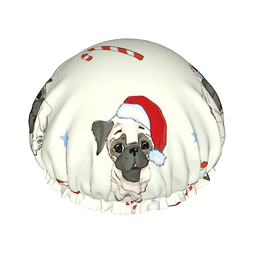 Duschhaube und Badekappe mit Weihnachts-Mops-Hundemuster für Damen, wendbare, übergroße, wasserdichte Duschhauben, groß, für alle Haarlängen, elastische, wiederverwendbare Bade-Haarkappe von Oudrspo