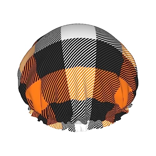 Duschhaube und Badekappe mit orangefarbenem Karomuster für Damen, wendbare, übergroße, wasserdichte Duschhaube, groß, für alle Haarlängen, elastische, wiederverwendbare Bade-Haarkappe Duschhaube und Badekappe mit orangefarbenem Karomuster für Damen, wendbare, übergroße, wasserdichte Duschhaube, groß, für alle Haarlängen, elastische, wiederverwendbare Bade-Haarkappe von Oudrspo