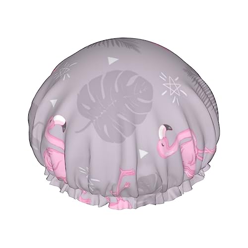 Duschhaube und Badekappe mit rosa Flamingo-Muster (2) für Damen, wendbare, übergroße, wasserdichte Duschhauben, groß, für alle Haarlängen, elastische, wiederverwendbare Bade-Haarkappe von Oudrspo