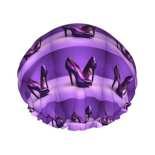Elegante lila High Heels mit Lippenstift-Print, wiederverwendbare Duschhauben für Frauen, Doppelhaarhaube, Haarhaube für Erwachsene für alle Haare von Oudrspo