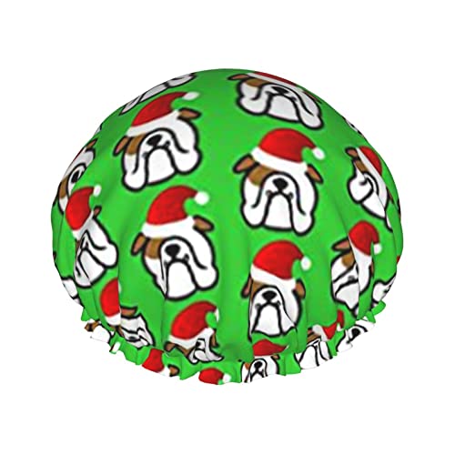Englische Bulldogge Santa Christmas Wasserdichte Duschhaube mit elastischem Saum, wendbares Design für Duschen, Schlafmützen, Mützen für alle Haarlängen von Oudrspo