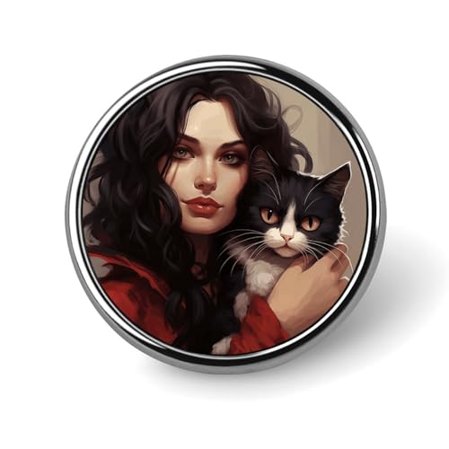 Frau hält eine Katzen-Anstecknadel für Männer, modische Mottenbrosche – süße Emaille-Anstecker, Anstecknadel aus Aluminiumlegierung für Hüte, Hemden, Taschen, Jacken und Accessoires (runde Anstecknade von Oudrspo