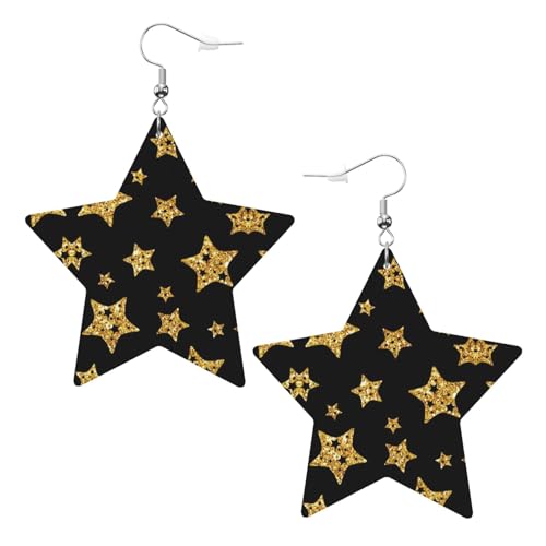 Frauen Stern baumeln Tropfen Ohrringe Schwarz Gold Sterne Muster Faux Leder Ohrring von Oudrspo