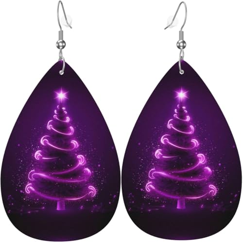 Frohe Weihnachten Lila Baum Aquarell Weihnachten Blätter Leder Teardrop Ohrringe Für Frauen Dekorationen von Oudrspo
