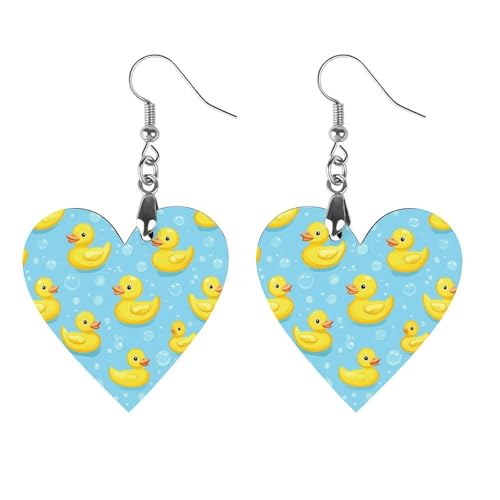 Gelbe Gummiente und Blasen, klassische Holzohrringe, federleicht, künstlerischer Anhänger, Ohrhaken, Vintage-Schmuck für Frauen von Oudrspo