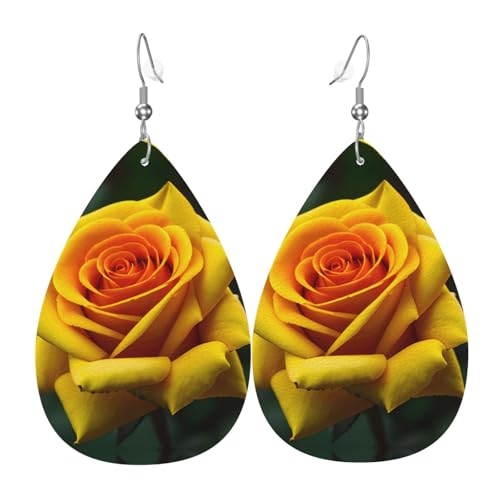 Gelbe Rose Bild Druck Blatt Form Tropfen Ohrringe Herzförmige PU Leder Ohrringe Für Valentinstag von Oudrspo
