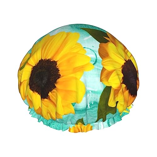 Gelbe Sonnenblumen mit grünem Blättermuster, Duschhaube und Badekappe für Damen, wendbare, übergroße, wasserdichte Duschhauben, groß, für alle Haarlängen, elastische, wiederverwendbare Bade-Haarkapp von Oudrspo