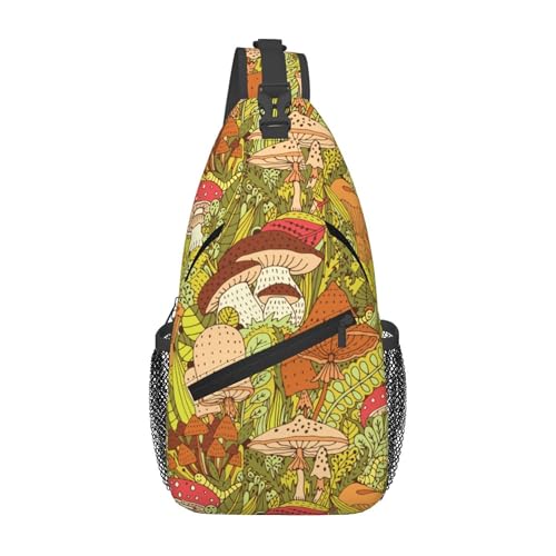 Green Mushroom Pattern Sling Backpack Crossbody Bag, Chest Bag Daypack for Outdoors Hiking Traveling von Oudrspo