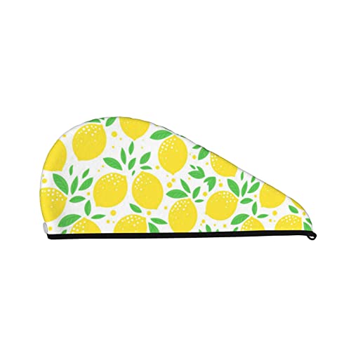 Haarhandtuch mit grünem Blatt-Gelb-Zitronen-Muster, Haartrockentuch mit Knopf, Korallensamt-Haarhandtuch, Turban-Mütze für trockenes Haar, Bade- und Duschhaarkappe von Oudrspo